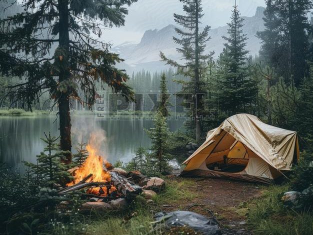 Camping tent and campfire near a mountain lake